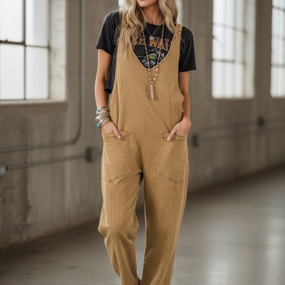 NWT Washed Light Camel Adjustable Strap Scoop Open Back Relaxed Fit Jumpsuit - Picture 3 of 10